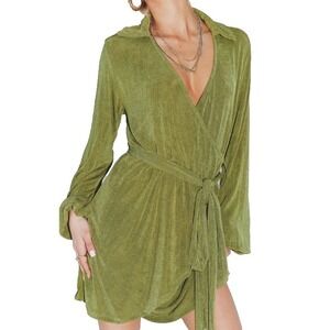 Princess Polly Wrap Mini Dress Sz 0 Green Balloon Sleeve Collared‎ Deep Vneck